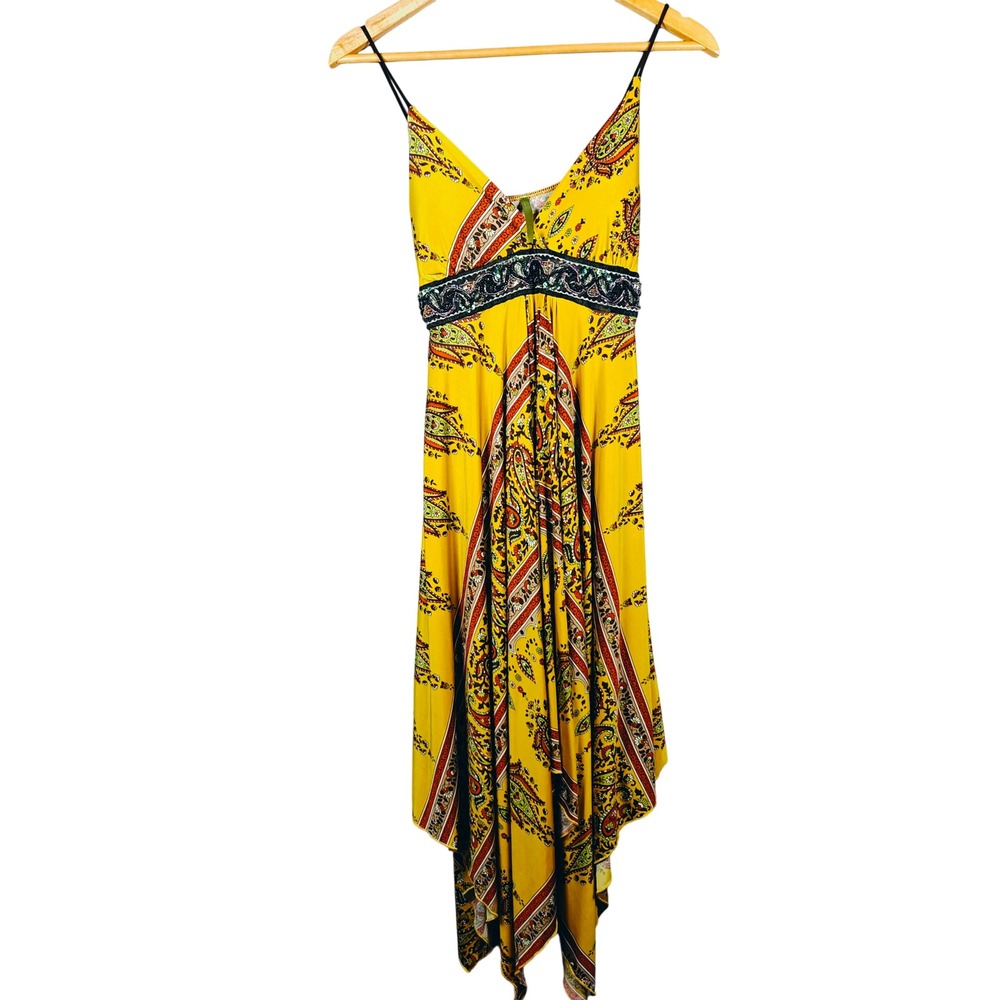 Yellow Paisley Print Halter Maxi Dress Embellished Waist Bohemian Festival